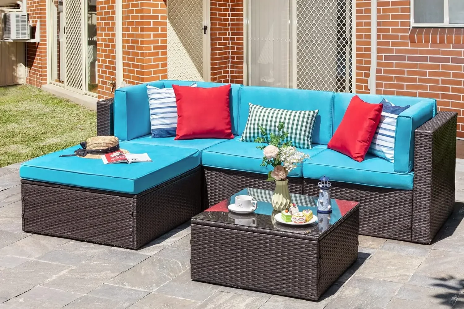 Patio Sets 5 Piece, All-Weather Brown PE Wicker Outdoor Couch Sectional Set, Small Conversation Set Garden/Patio w/Ottoman - Image 7