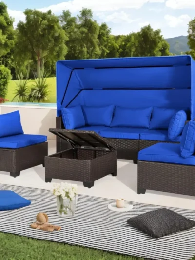 6 Pieces Patio Daybed with Retractable Canopy, Patio Furniture Sets Outdoor Wicker Sectional Sofa Set Seating Chairs