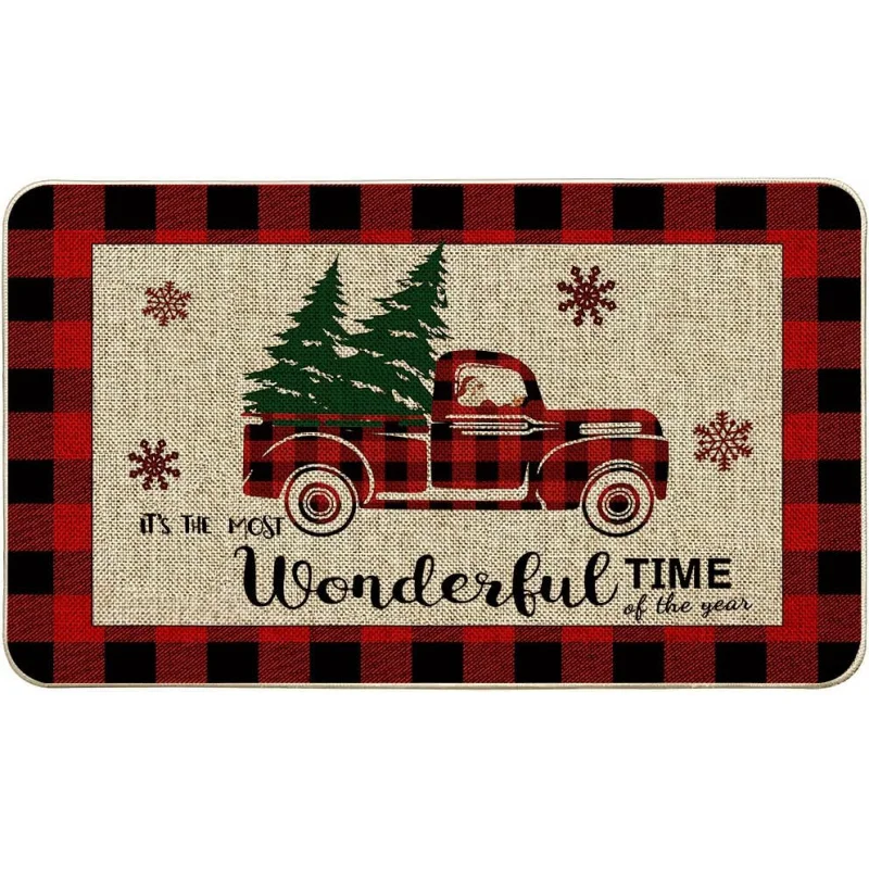 Christmas welcome mat flannel winter truck farmhouse grid outdoor decoration - Image 2