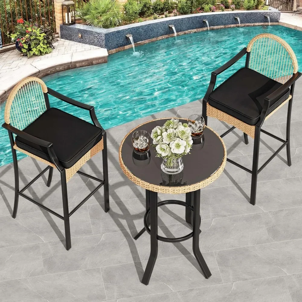 3-Piece Outdoor Wicker Bar Height Set w/Cushioned Barstools, Patio Bistro Furniture for Balcony and Poolside, Black+Light Yellow - Image 7