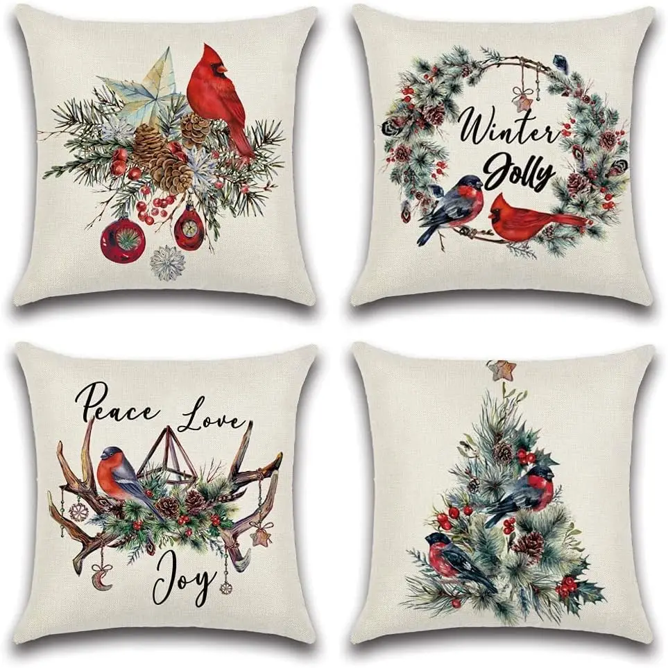 Christmas Throw Pillow Covers Linen Merry Christmas Cushion Case Garden Winter Holiday Pillowcase for Patio Furniture Couch