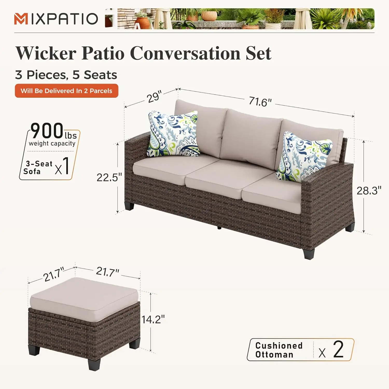 3 Pieces Wicker Patio Furniture Set, Rattan Outdoor Conversation Set with 3-Seater Sofa, 2 Pieces Ottomans, Beige - Image 6