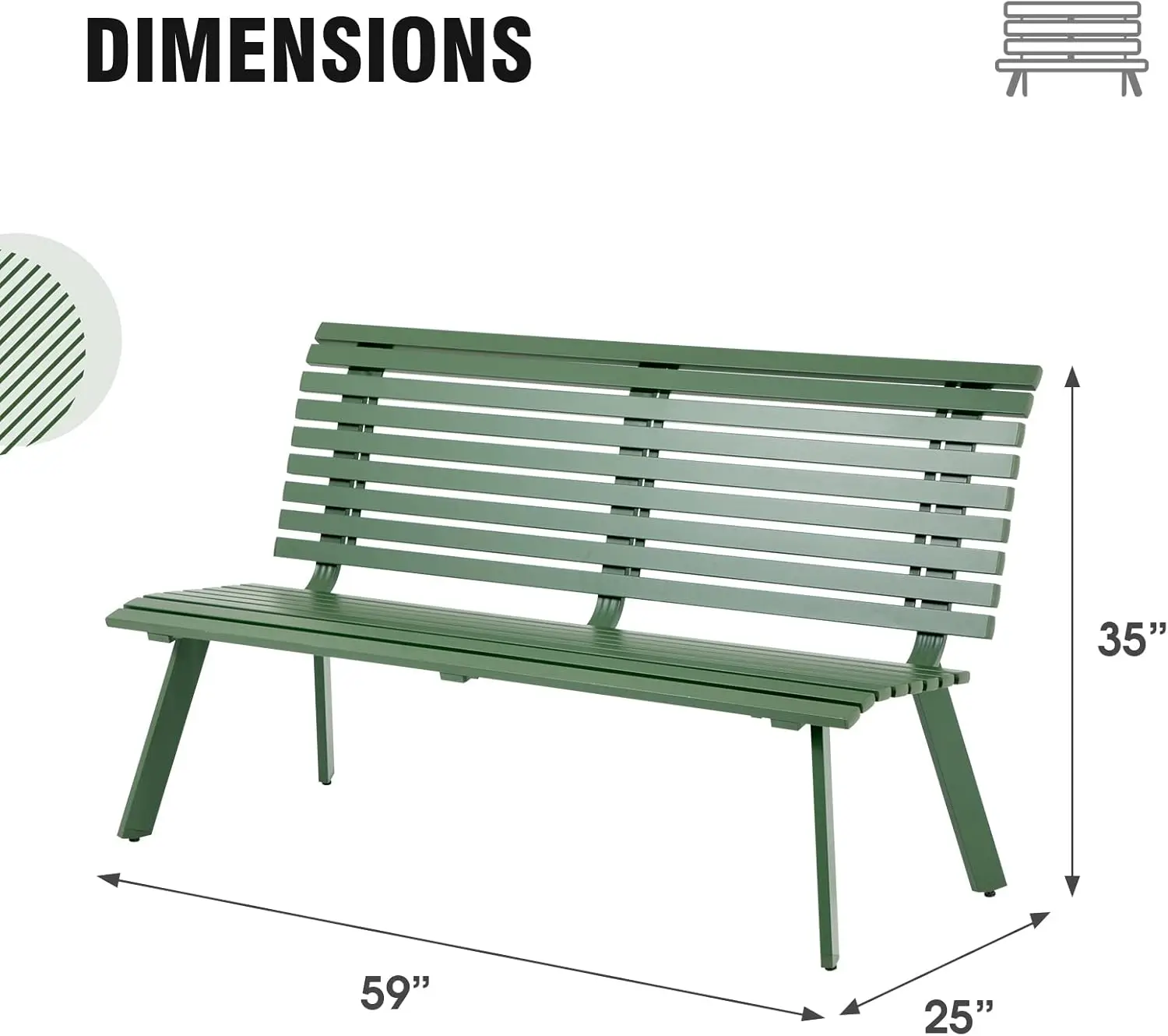 Soleil Jardin Outdoor Aluminum Garden Bench, Patio Porch Chair Furniture, Slatted Design w/Backrest, Green - Image 2