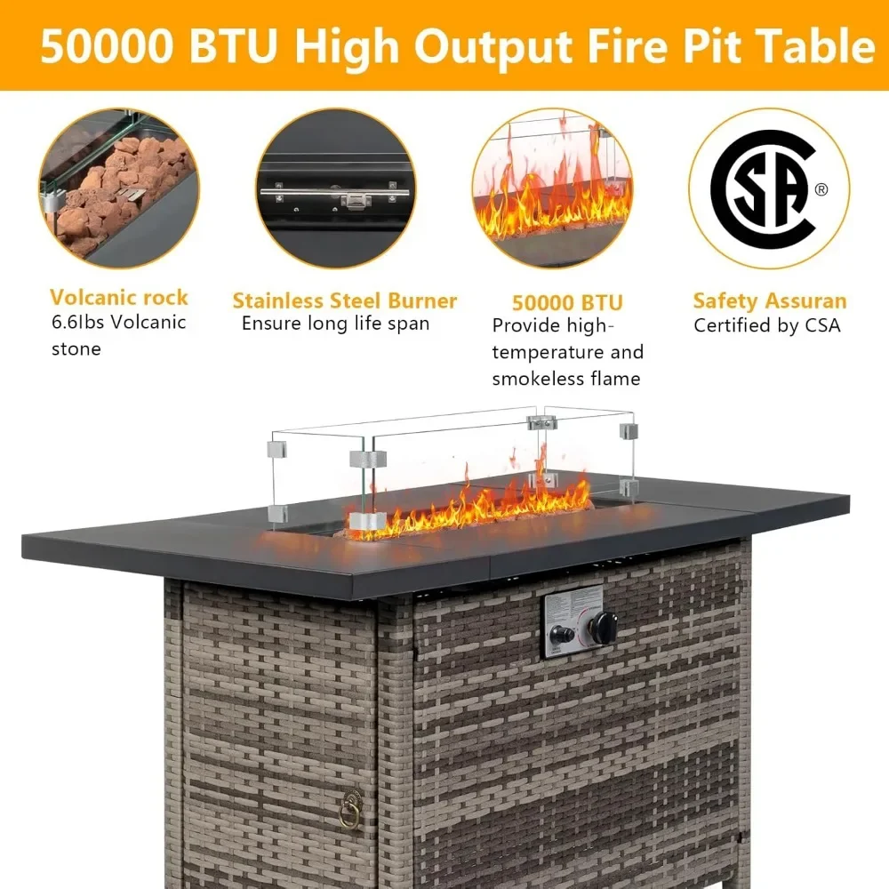 43 Inch Propane Fire Pit Table,50,000 BTU with Steel Lid, Lava Rock, Glass Wind Guard, Waterproof Cover, Gas Firepit Table - Image 3