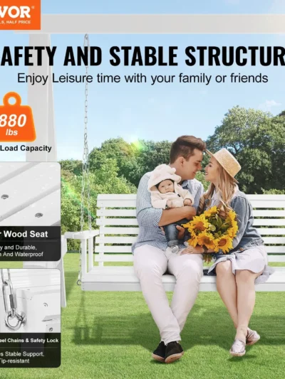 White Wooden Porch Swing 880 lbs Strong Load Capacity 5.5 ft Patio Bench Swing for Courtyard Garden