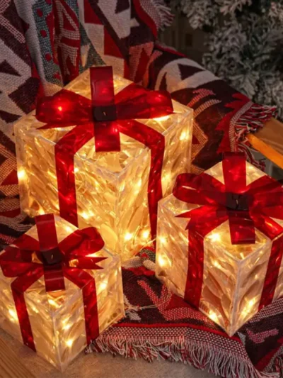 Christmas Glowing Gift Box Ornament With Bow Outdoor Lighting