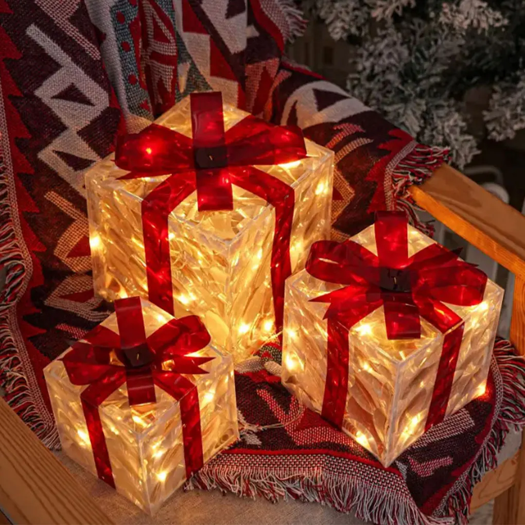 Christmas Glowing Gift Box Ornament With Bow Outdoor Lighting