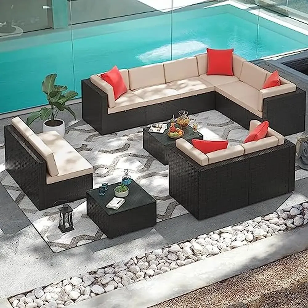Outdoor Patio Furniture Set 12-Piece Rattan Sectional Sofa with Thick Cushions and Glass Table Beige - Image 2
