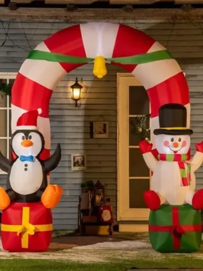 9.8ft Outdoor Decorations Lighted Candy Cane Archway with Penguin Snowman Sit on Gift Box