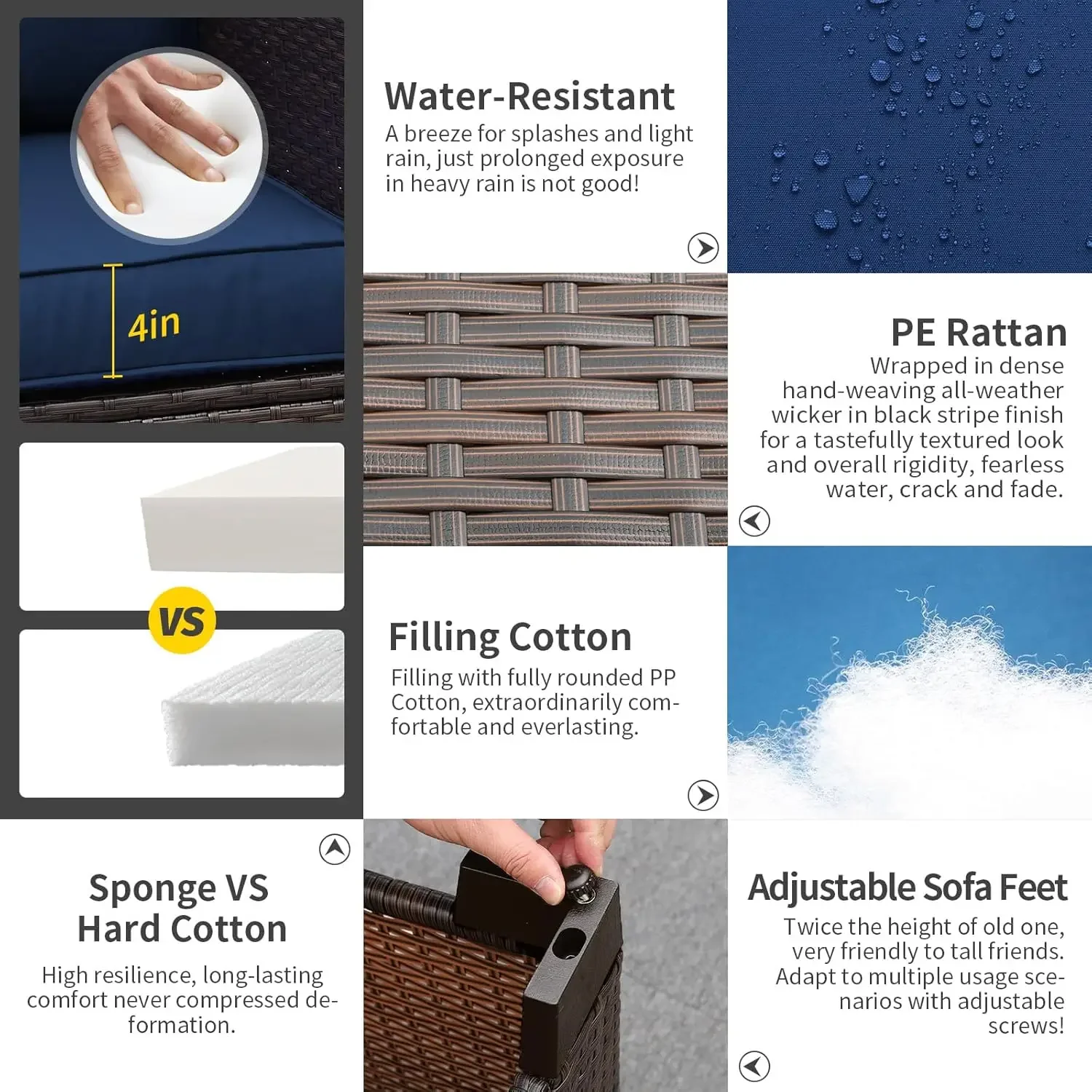 3-Seat Patio Wicker Sofa, Outdoor Rattan Couch Furniture Steel Frame with Furniture Cover and Deep Seat High Back Blue Anti-Slip - Image 5