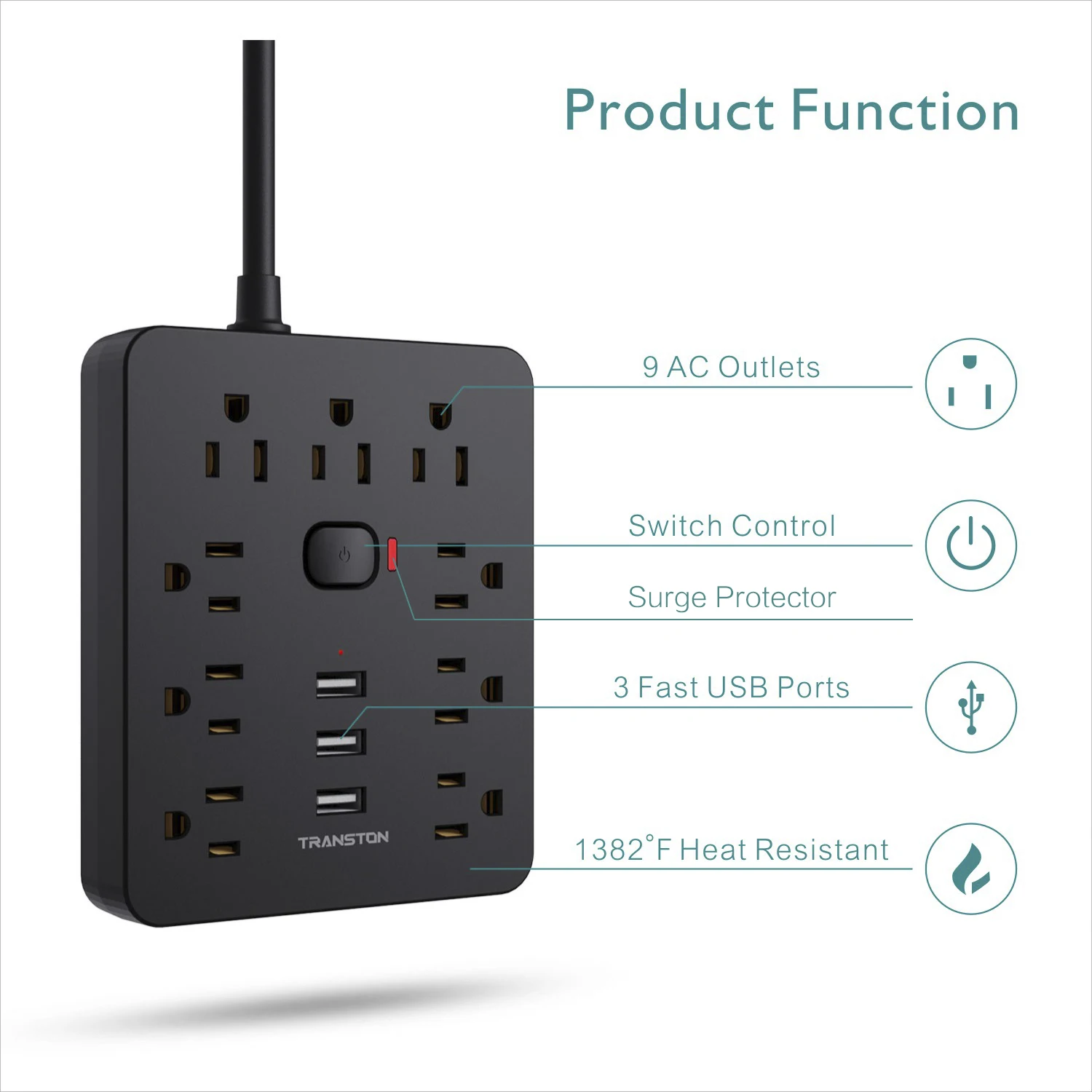 TRANSTON Power Outlet with Surge Protector, 9 power strip 3 USB Ports, 5ft Extension Cord - Image 7