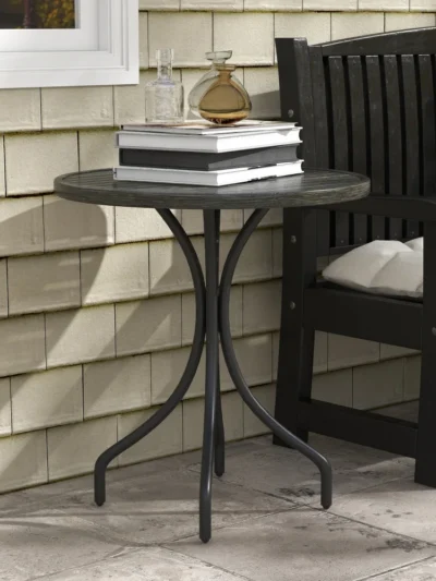 26" Round Patio Table with Steel Frame and Slat Tabletop for Garden, Backyard, Porch, Balcony