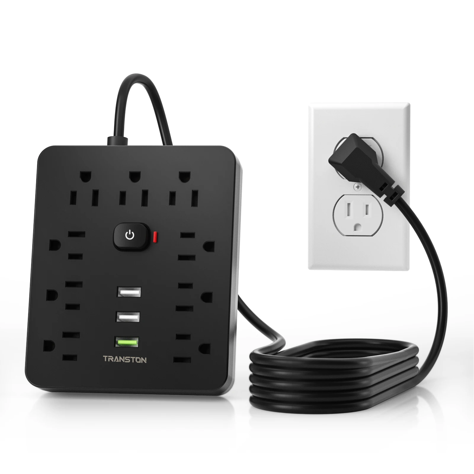 TRANSTON Power Outlet with Surge Protector, 9 power strip 3 USB Ports, 5ft Extension Cord