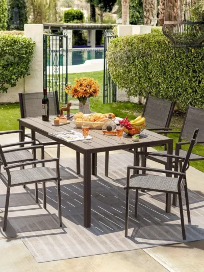7 Pieces Patio Dining Set Outdoor Furniture with 6 Stackable Textilene Chairs and Large Table for Yard, Garden
