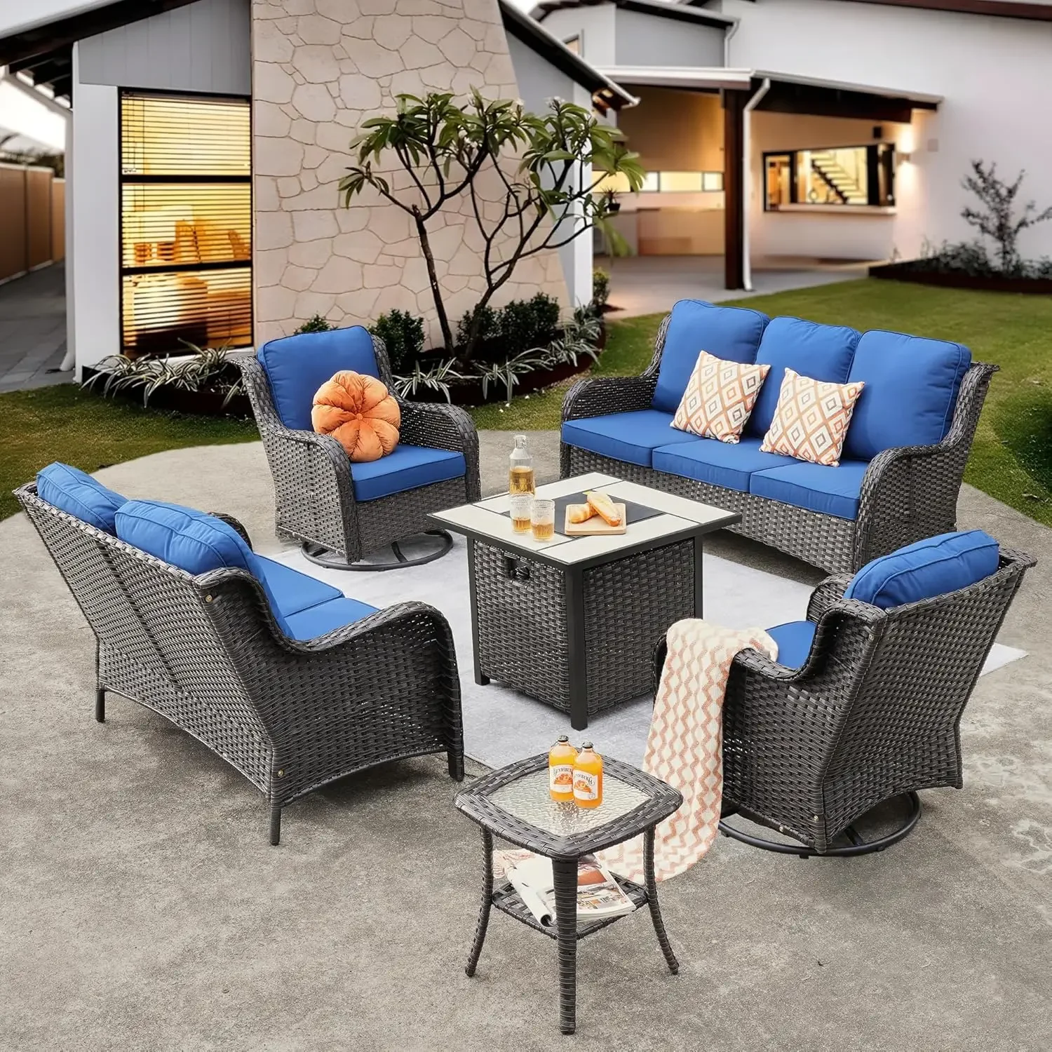 Patio Furniture Set 6 Pieces Outdoor Sofa with Rocking Swivel Chairs Loveseat Rectangular Fire Pit Table Wicker Conversation Set - Image 7