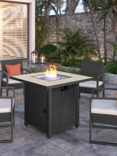 30" Propane Gas Fire Pit Table 50,000 BTU Square Gas Fire Table with Tabletop and Fire Glass for Outdoor with Steel Base/Lid