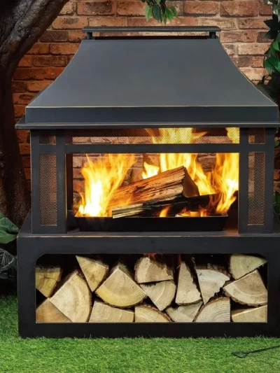 Outdoor Burning Fireplace with Wood Storage and Removable Fire Grill - Metal Wicker Base Fire Pit for Patio Garden Deck Backyard