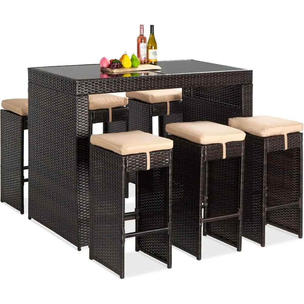 7-Piece Outdoor Wicker Bar Dining Set, Rattan Patio Furniture for Backyard, Garden w/Glass Table Top, 6 Stools, Removable - Image 2
