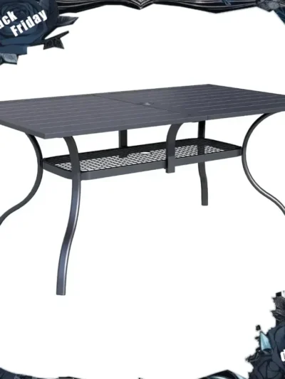 Patio Dining Table, Rectangle Metal Steel Slat Table, with Umbrella Hole, for Backyards, Porches, Garden