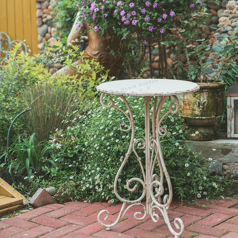 Outdoor Metal Iron Round Side Table Vintage White Finish Rustic Garden Table Decorative Balcony Accent Patio Side Table - Image 2