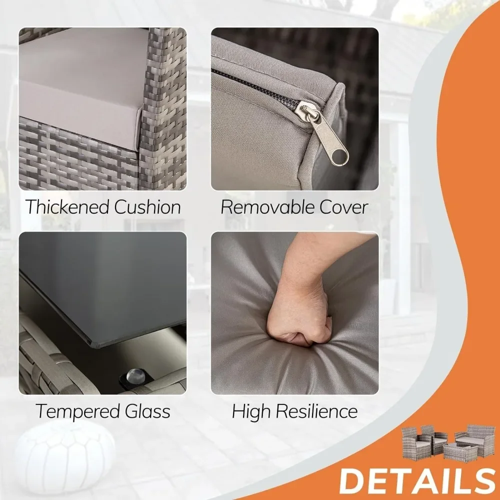 4 Piece Patio Furniture Set, Outdoor Wicker Conversation Sets, Rattan Sectional Sofa w/Coffee Table, Seat Cushions for Backyard - Image 4