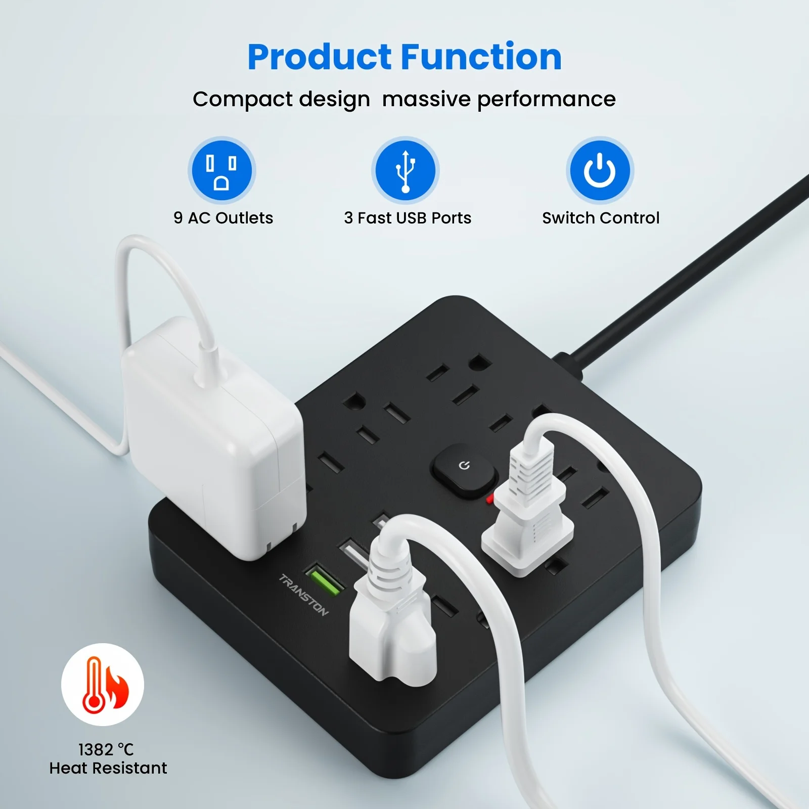 TRANSTON Power Outlet with Surge Protector, 9 power strip 3 USB Ports, 5ft Extension Cord - Image 4
