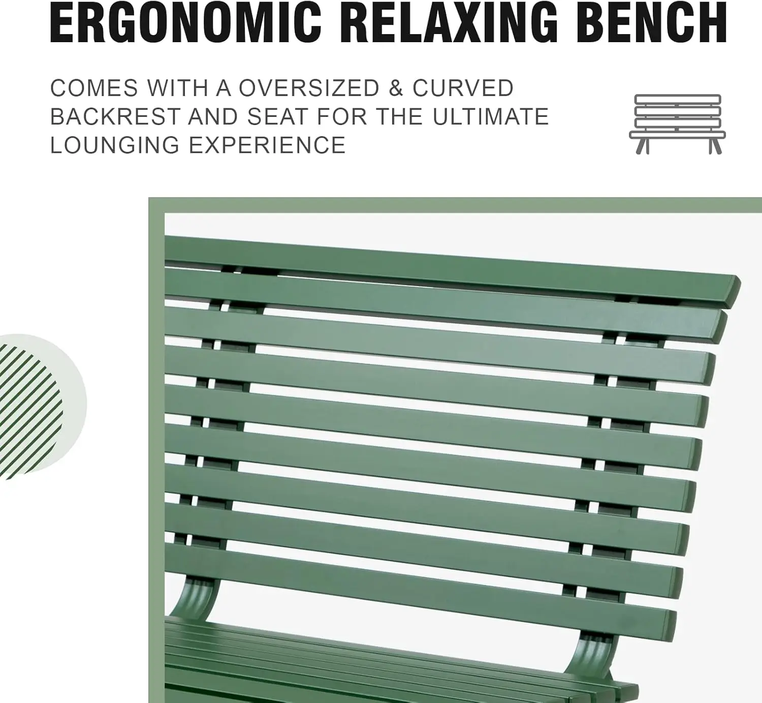 Soleil Jardin Outdoor Aluminum Garden Bench, Patio Porch Chair Furniture, Slatted Design w/Backrest, Green - Image 3