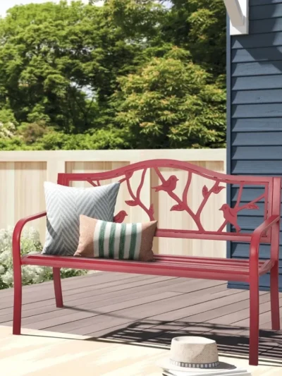 Outdoor Patio Metal Park Bench with Backrest and Armrests, Red Steel Frame, Outside Benches, Porch, Garden, Free Shipping