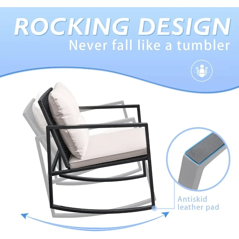 3 Pieces Rocking Wicker Bistro Set, Patio Outdoor Furniture Conversation Sets with Porch Chairs and Glass Coffee Table, Beige - Image 4