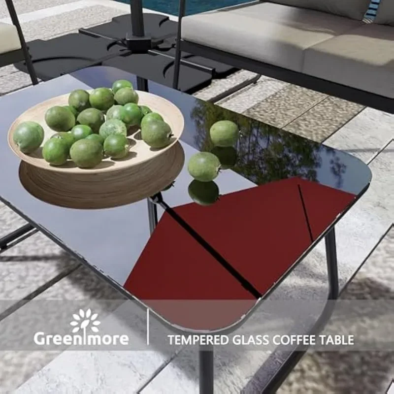 4-Piece Patio Outdoor Furniture Set,Removable&Washable Soft Cushion,Wooden Armrest,GlassTable,for Backyard,Balcony,Deck,Poolside - Image 3