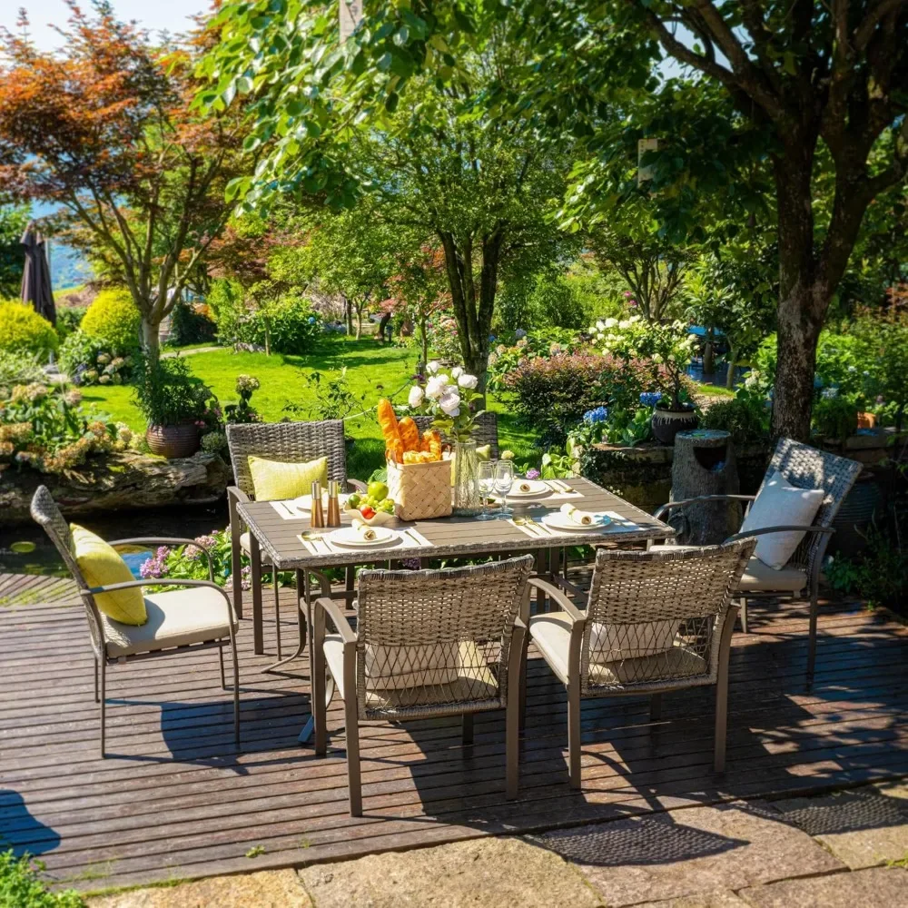7 Piece Patio Dining Set,for Backyard Garden Deck Poolside/Iron Slats Table Top, Removable Cushions,Outdoor Wicker Furniture Set - Image 7