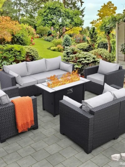 Fire Pit Furniture Set with 45" Patio Couch Outdoor Chairs, No-Slip Cushions and Waterproof Covers, Propane Fire Pit Table