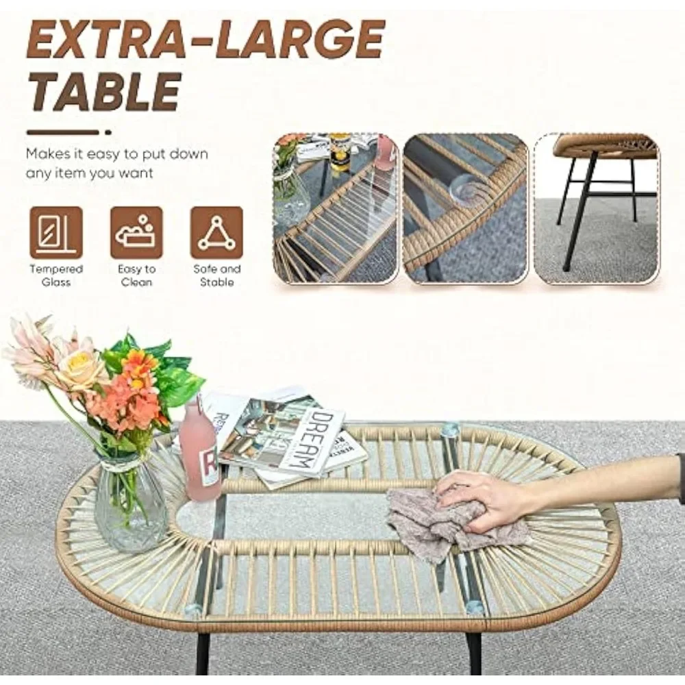 Outdoor Patio Furniture Set, Outdoor Sectional Rope Woven L-Shaped Sofa Set with Patio Table and Thick Cushions - Image 7