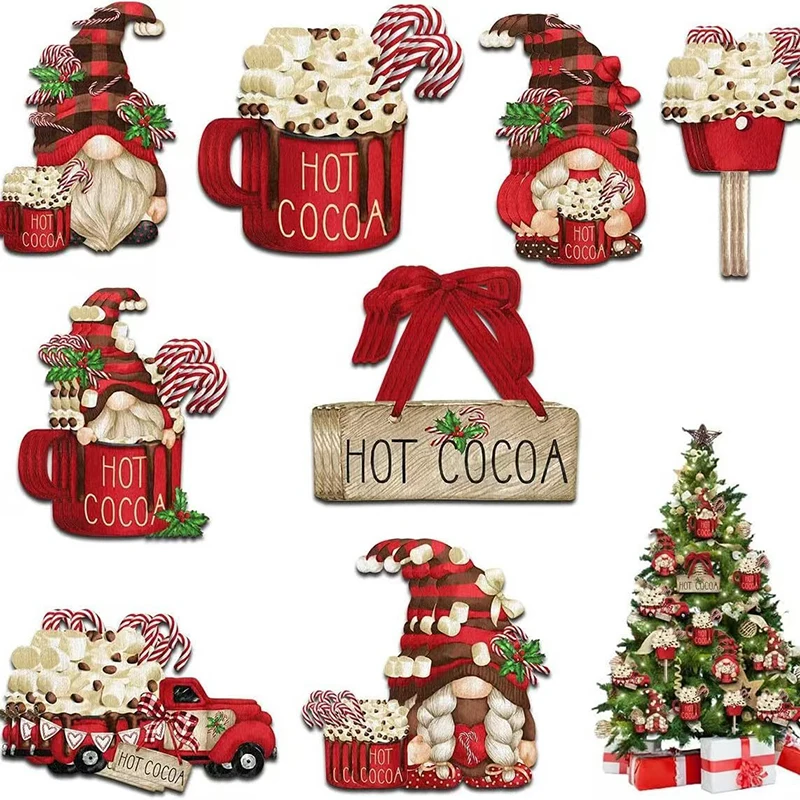 24Pcs Wooden Christmas Hot Cocoa And Santa Claus Hanging Decoration Pendant For Outdoor Festival Party Gift With Rope