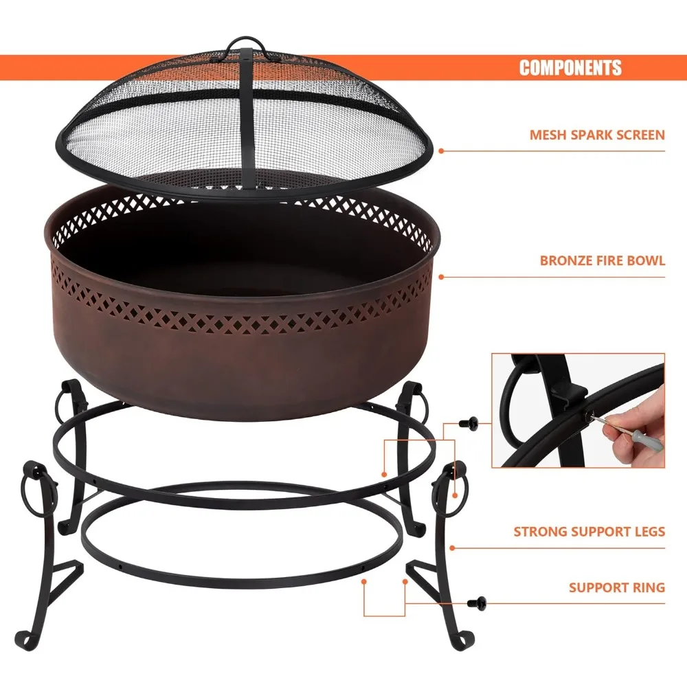 Outdoor Patio Fire Pit with Mesh Spark Screen, 40" Portable Fire Pit for Camping, Bronze - Image 4