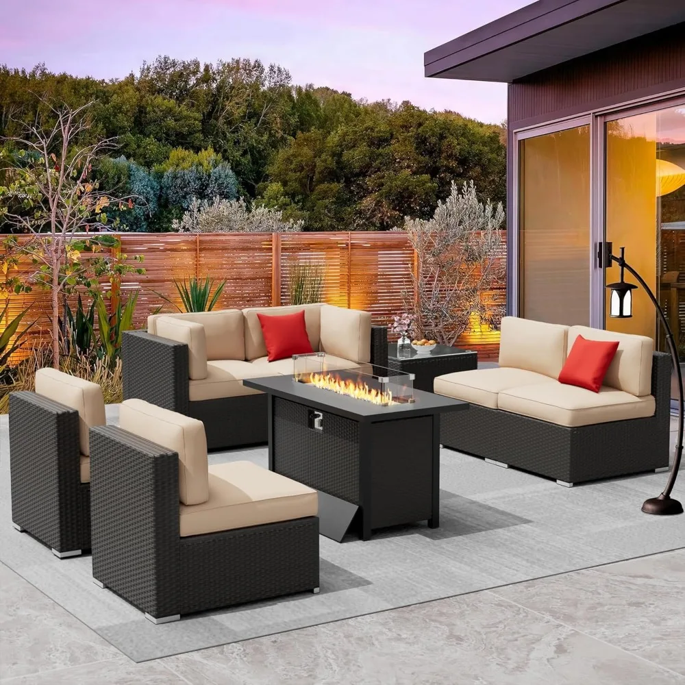 8-Piece Outdoor Patio Furniture Sets with 45” Propane Gas Fire Pit Table, All-Weather Black Wicker Rattan Sectional Sofa - Image 2