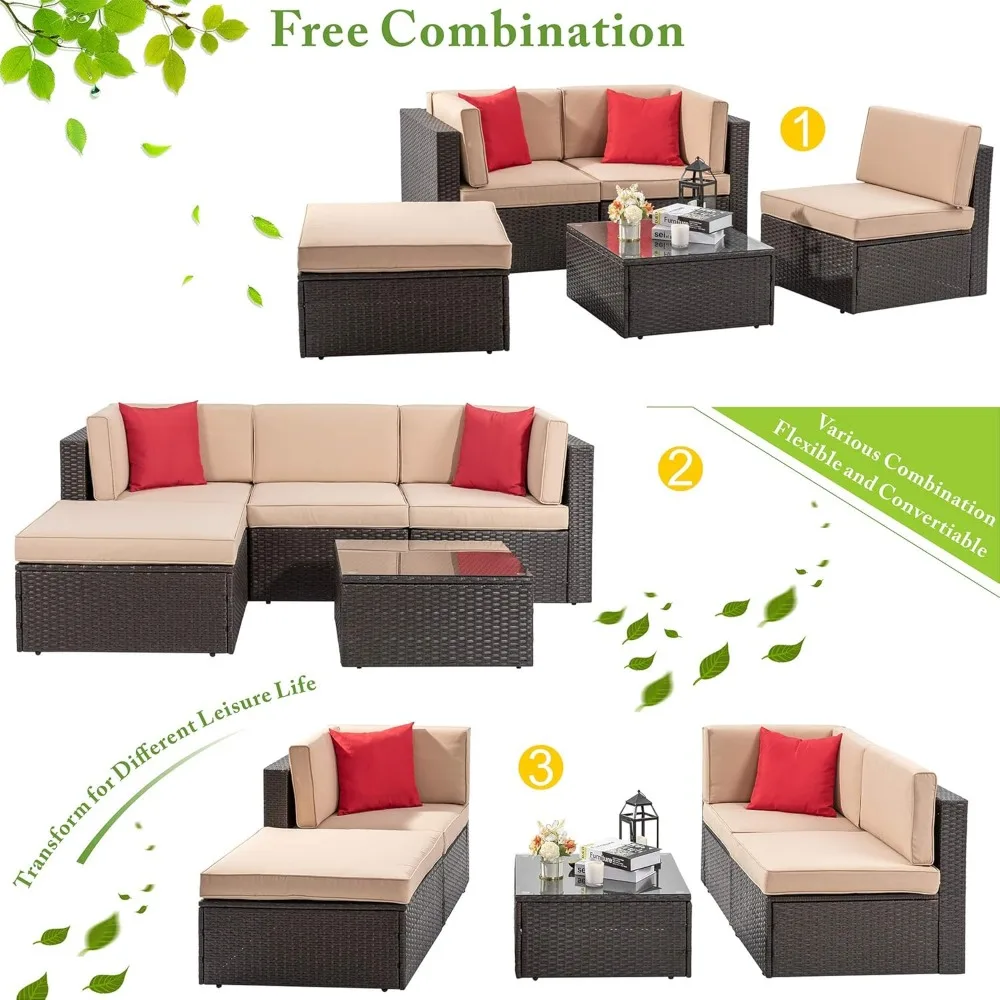 Patio Sets 5 Piece, All-Weather Brown PE Wicker Outdoor Couch Sectional Set, Small Conversation Set Garden/Patio w/Ottoman - Image 4