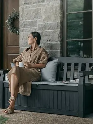 Solana 70 Gallon Storage Bench Deck Box for Patio Furniture, Front Porch Decor and Outdoor Seating – Perfect to Store Gard