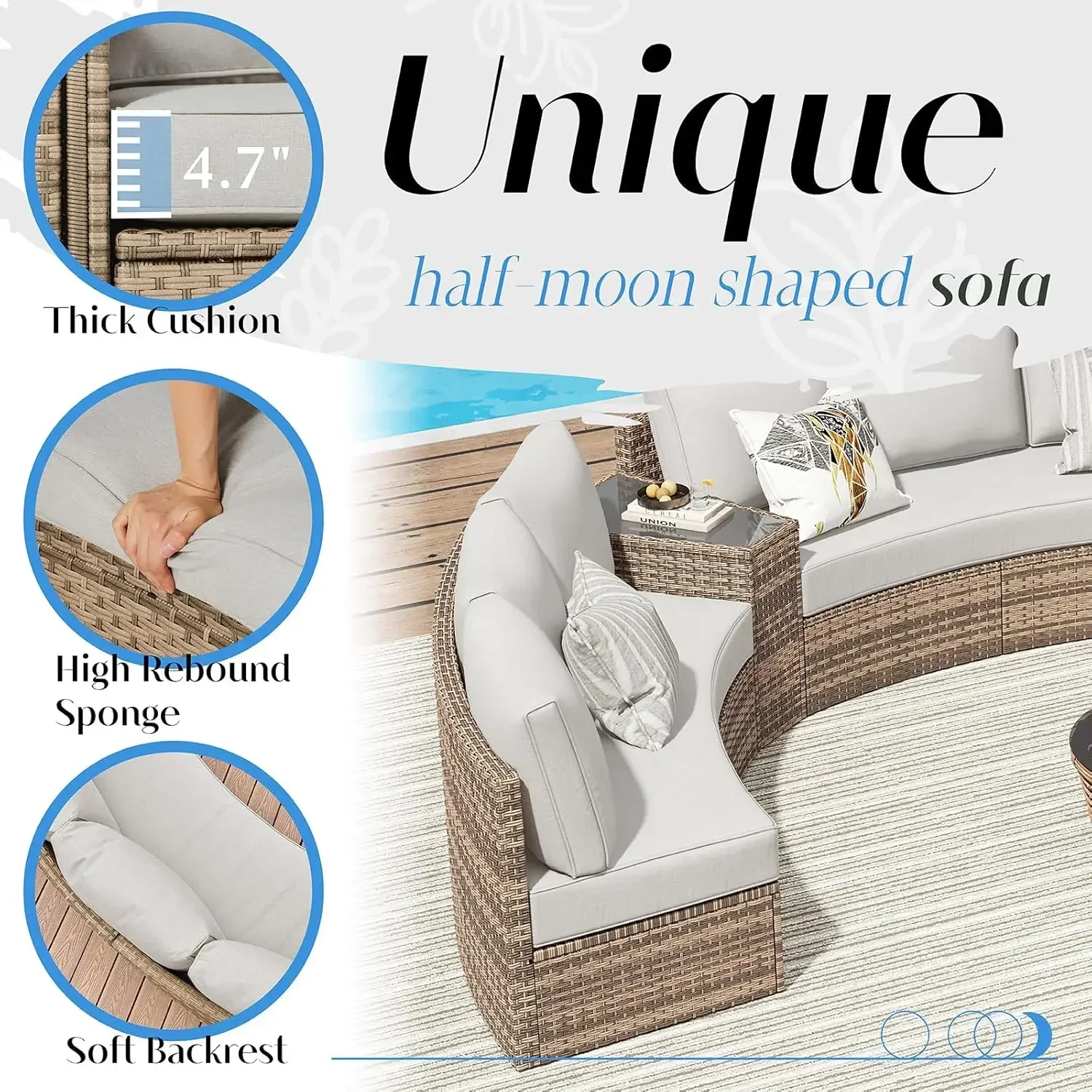 Patio Furniture Sets, Sectional Round Sofa Set, Outdoor Patio Furniture Cushions & Wedge Table for Beach, Pool, Balcony, Beige - Image 2