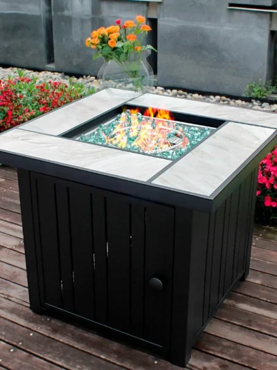 30" Propane Fire Pit with Real Ceramic Tabletop, 50000 BTU Gas Fire Pit Table with Lid & Glass Rock, Outdoor Fire Pit for Dining