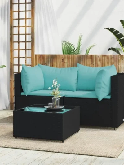 3-Piece Patio Lounge Set with Cushions - Black Poly Rattan Garden Furniture