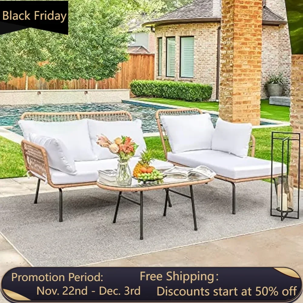 Outdoor Patio Furniture Set, Outdoor Sectional Rope Woven L-Shaped Sofa Set with Patio Table and Thick Cushions - Image 2