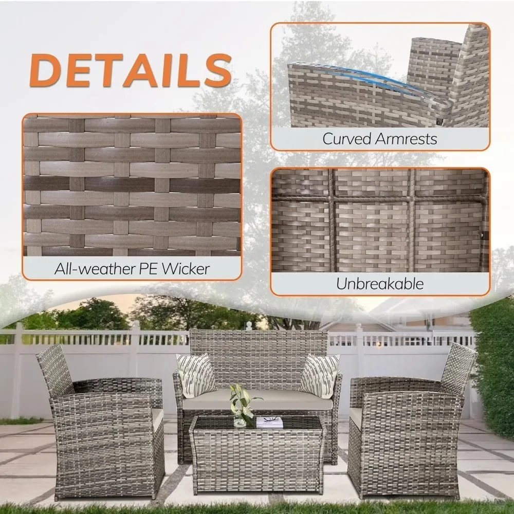 4 Piece Patio Furniture Set, Outdoor Wicker Conversation Sets, Rattan Sectional Sofa w/Coffee Table, Seat Cushions for Backyard - Image 5