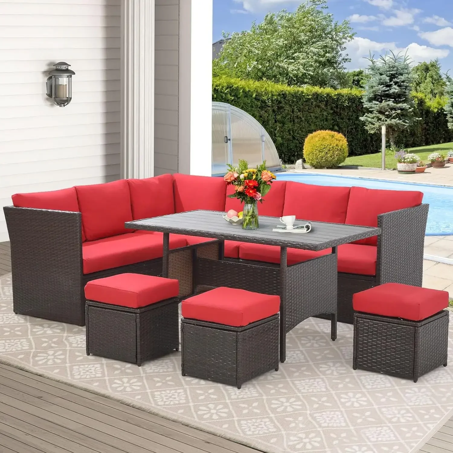 7 Pieces Patio Furniture Set, Outdoor Sectional Sofa Conversation Set, All Weather Wicker Rattan Couch Dining Table & Chair - Image 8