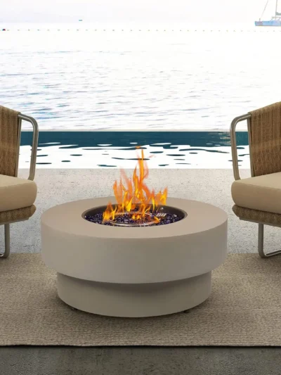 Propane Outdoor Fire Pit Table, Flint & Concrete Look 33-inch Round Patio Gas Fire Table 50,000 BTU w/Lid, Fire Glass