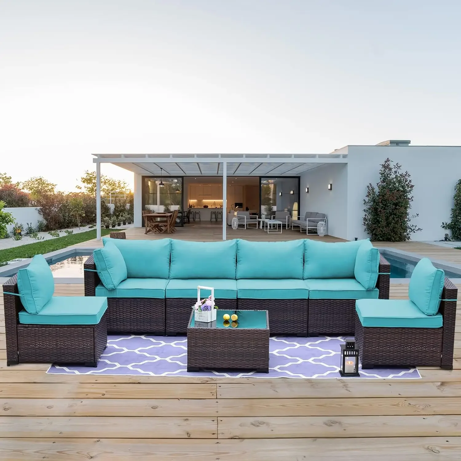 7 Pieces Outdoor Patio Furniture Set Rattan Sofa Manual Wicker Patio Set with Cushions Glass Tea Table and Cushions Covers - Image 7