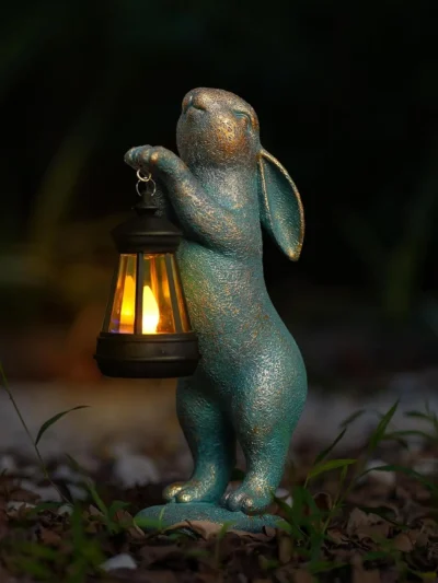 Garden Statues Rabbit with Solar Lantern Outdoor Bunny Figurines Decorations for Patio Yard Lawn Ornaments Gifts