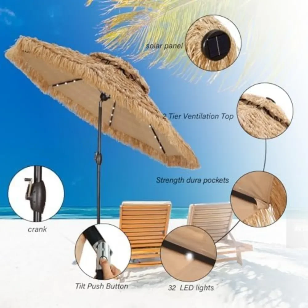 Patio Umbrella with 32 LED, Hula Thatched Tiki Umbrella, Hawaiian Style Beach Umbrella, 9 FT Patio Umbrella - Image 4