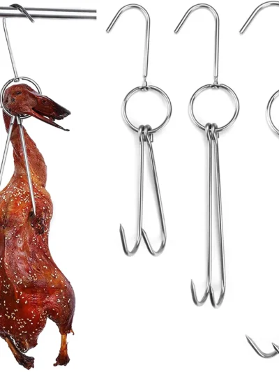 Stainless Steel Meat Hooks with Double Hook Poultry Roast Duck Bacon Hanging Hook Grill Hanger for Drying Cooking BBQ Utensils