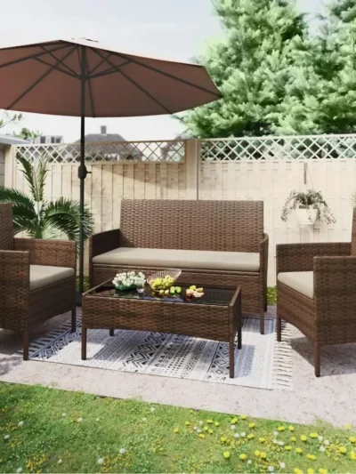 Outdoor Sofa Set of 4 with Soft Cushion and Glass Table, Patio Furniture 4 Pieces Conversation Set, Outdoor Wicker Rattan Chairs